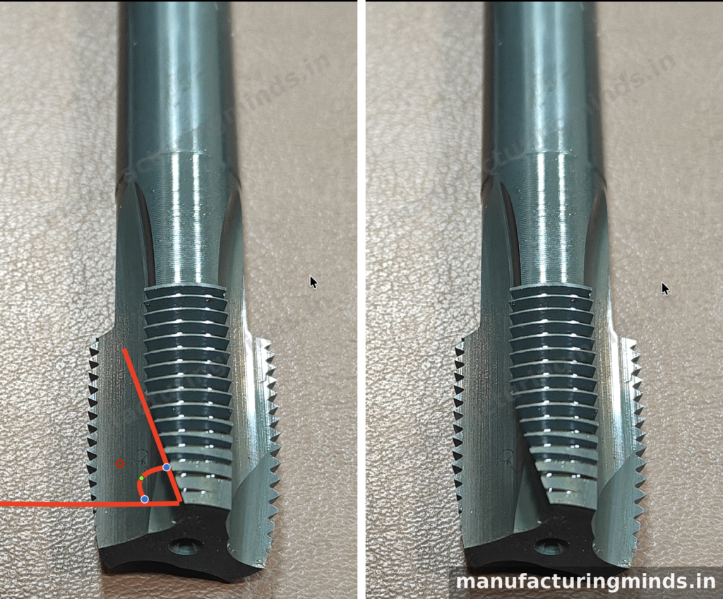 Side-by-side photos of a spiral point tap: the left image has a red angle overlay marking the spiral point/gun nose angle, the right shows the same tap unmarked, both showing the threaded profile and pointed tip.