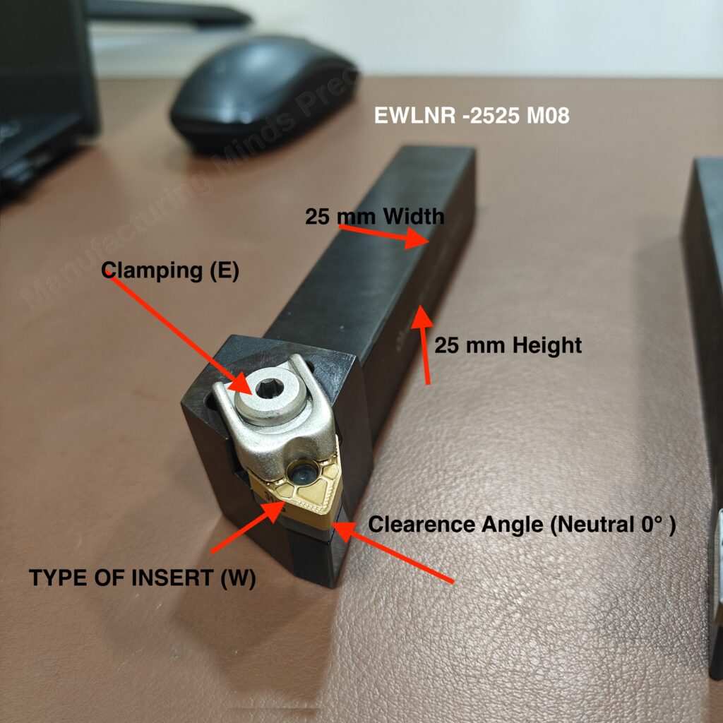 Close-up of an EWLNR-2525M08 CNC turning tool holder with a Trigon carbide insert, labeled to show clamping method, insert shape, clearance angle, and 25mm shank width and height.