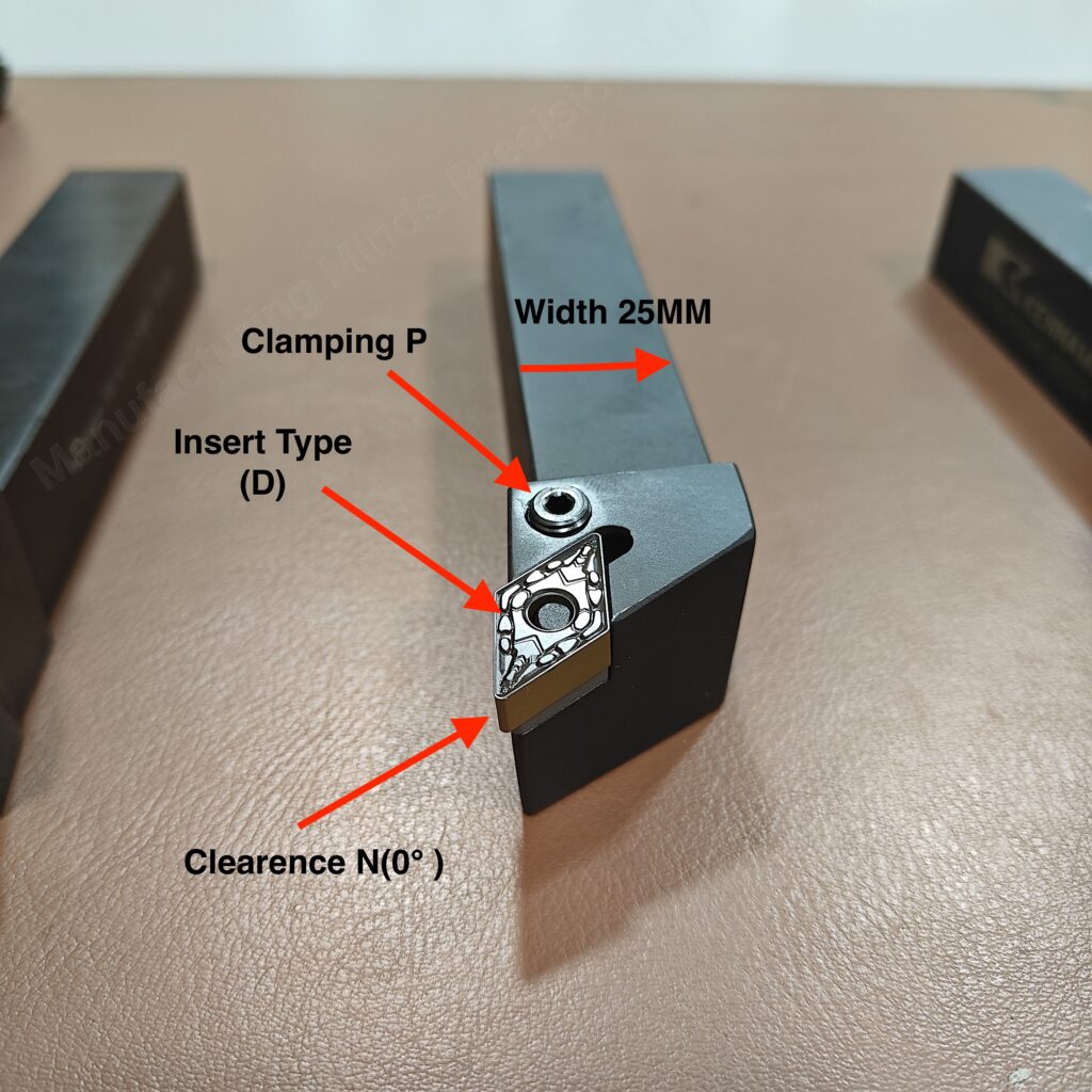 Close-up of a PDJNL-2525M15 CNC turning tool holder with a 55-degree diamond carbide insert, labeled to show clamping method, insert shape, clearance angle, and 25mm shank width.